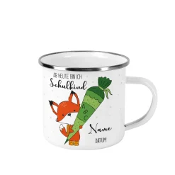 Ab heute bin ich Schulkind - Emailletasse zur Einschulung mit niedlichem Fuchs
