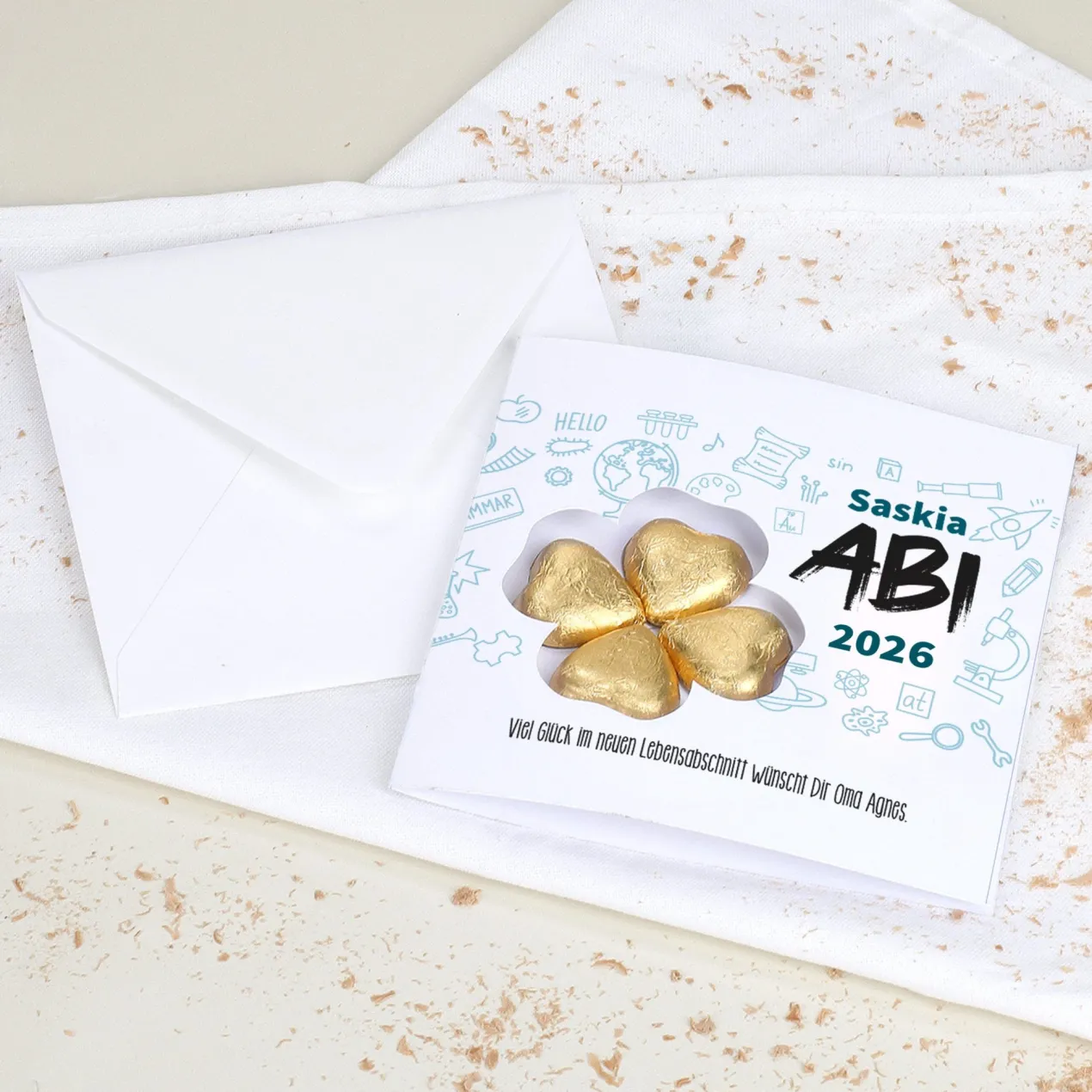 Abi Glückwunschkarte mit Name, Jahr, Wunschtext & Lindt Schokoladen-Kleeblatt