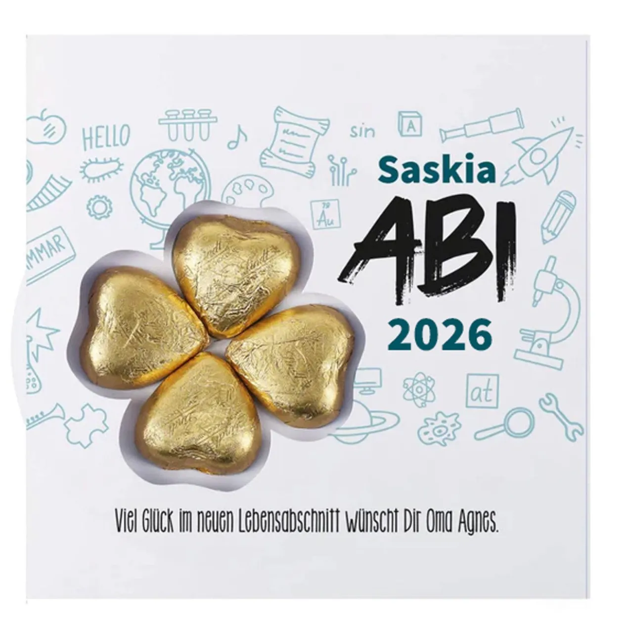 Abi Glückwunschkarte mit Name, Jahr, Wunschtext & Lindt Schokoladen-Kleeblatt