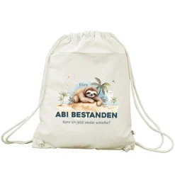 ABI & Schulabschluss - Baumwoll-Rucksack mit Faultier, Name und Wunschtext bedruckt