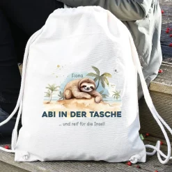 ABI & Schulabschluss - Baumwoll-Rucksack mit Faultier, Name und Wunschtext bedruckt