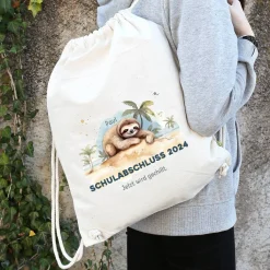 ABI & Schulabschluss - Baumwoll-Rucksack mit Faultier, Name und Wunschtext bedruckt