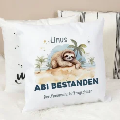 ABI & Schulabschluss - Kissen mit Faultier, Name und Wunschtext