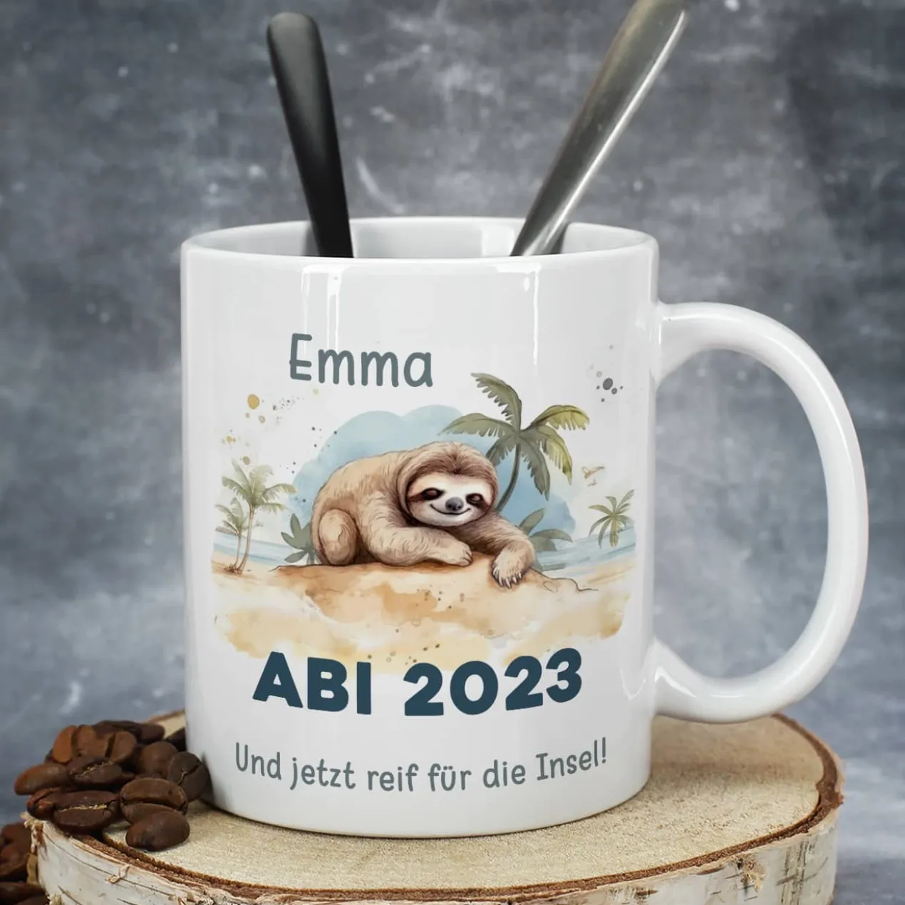 ABI & Schulabschluss - Tasse mit Faultier, Name und Wunschtext