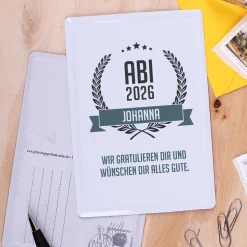 Abitur Blechpostkarte mit Glückwunschtext und Name