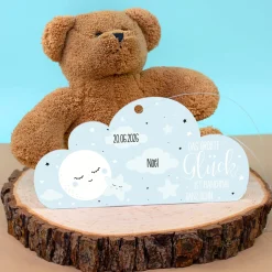 Acryl Anhänger blaue Wolke zur Geburt personalisiert mit Name & Geburtsdatum | Deko für Jungen