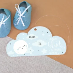Acryl Anhänger blaue Wolke zur Geburt personalisiert mit Name & Geburtsdatum | Deko für Jungen