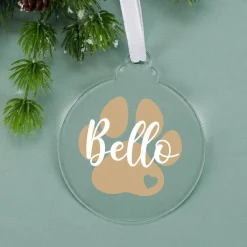 Acryl-Christbaumkugel mit Name und Hundepfote bedruckt