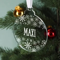Acryl-Christbaumkugel mit Name und Schneeflocken bedruckt