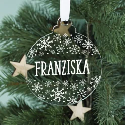 Acryl-Christbaumkugel mit Name und Schneeflocken bedruckt