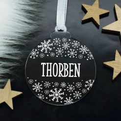 Acryl-Christbaumkugel mit Name und Schneeflocken bedruckt