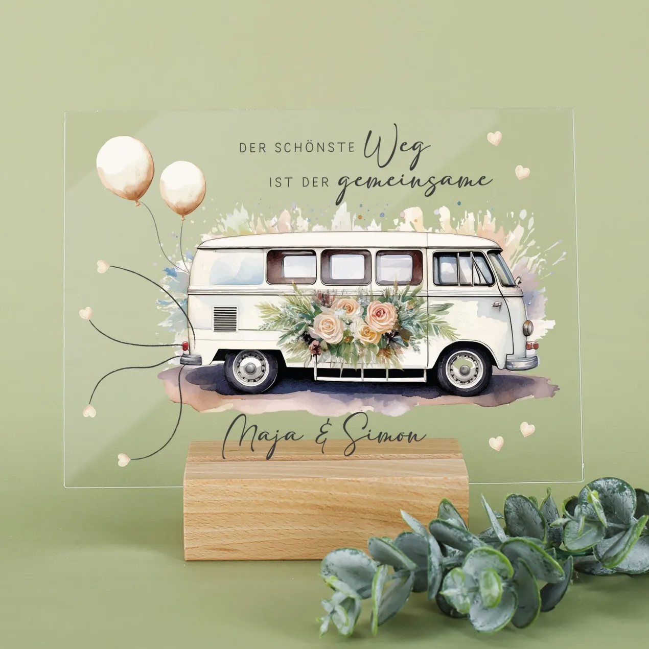 Acrylschild mit Hippie-Bus & Blumenmotiv inkl. Wunschnamen zur Hochzeit