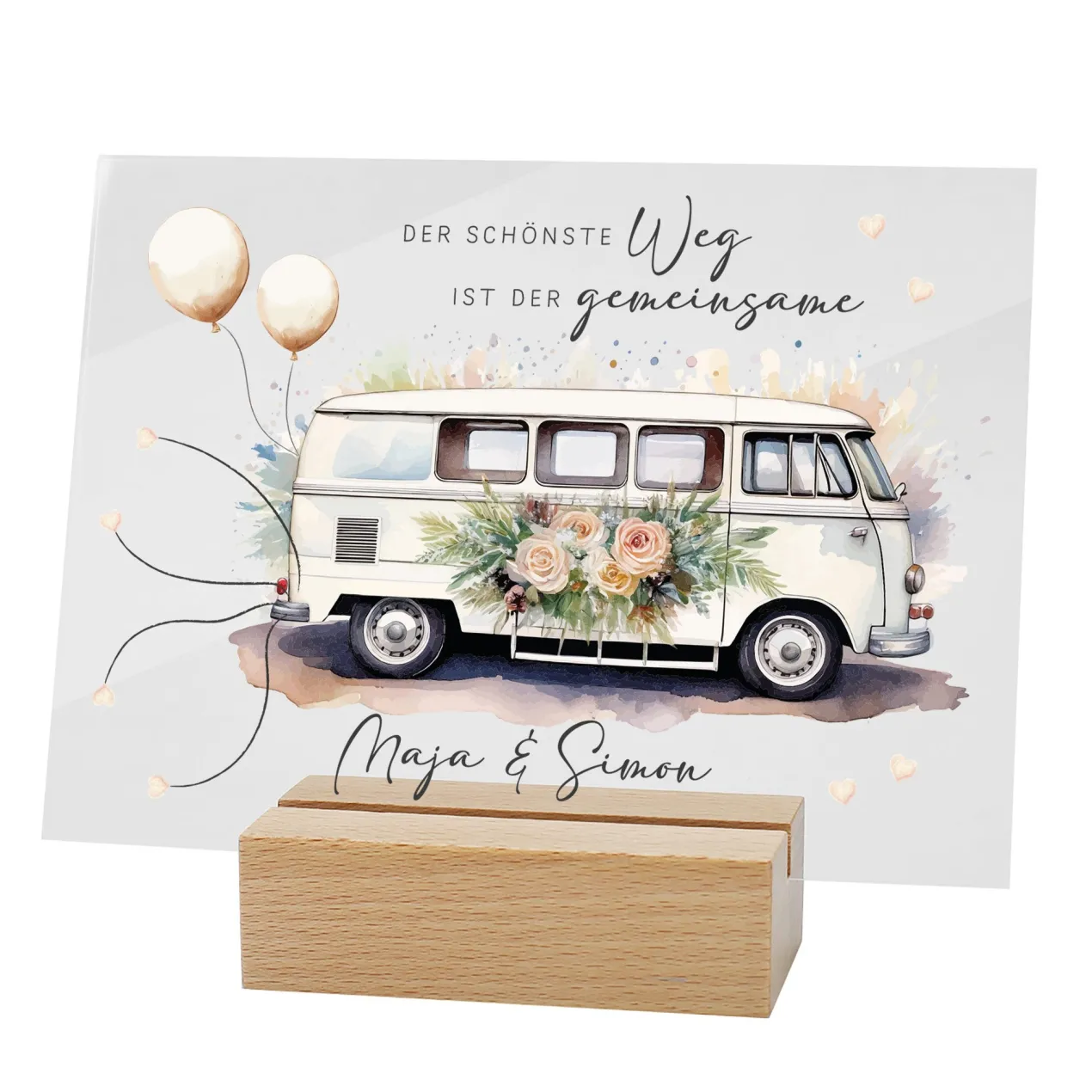 Acrylschild mit Hippie-Bus & Blumenmotiv inkl. Wunschnamen zur Hochzeit