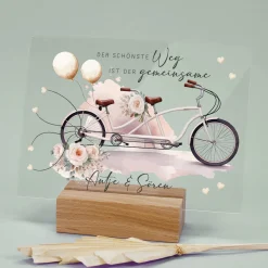 Acrylschild mit Tandem & Blumenmotiv inkl. Wunschnamen zur Hochzeit