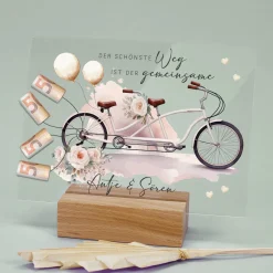 Acrylschild mit Tandem & Blumenmotiv inkl. Wunschnamen zur Hochzeit