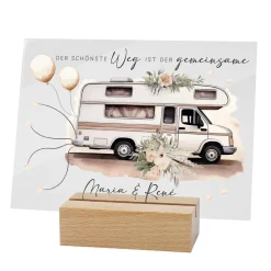 Acrylschild mit Wohnmobil & Blumenmotiv inkl. Wunschnamen zur Hochzeit
