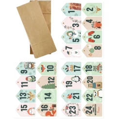 Adventskalender aus 24 Papiertüten und 24 Aufklebern mit Weihnachtsmotiven und Ihrem Wunschnamen
