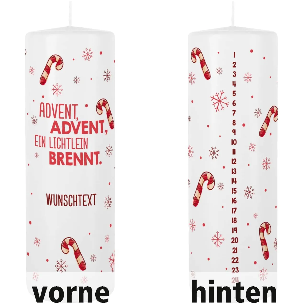Adventskalender Kerze mit Zuckerstangen und Wunschtext