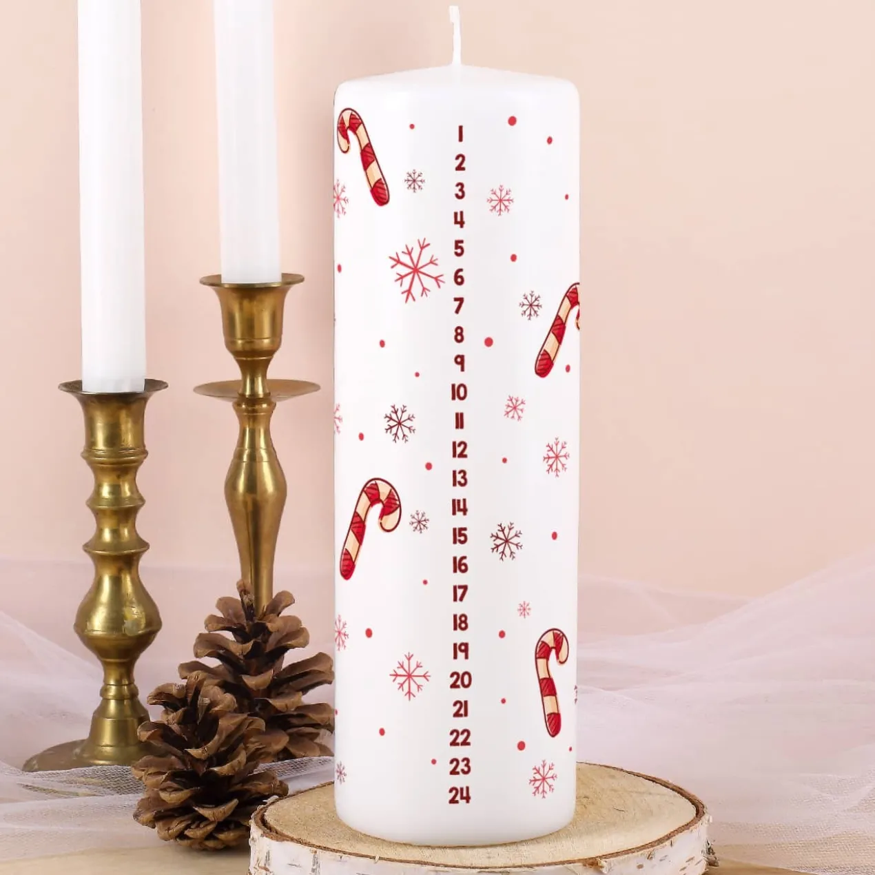 Adventskalender Kerze mit Zuckerstangen und Wunschtext