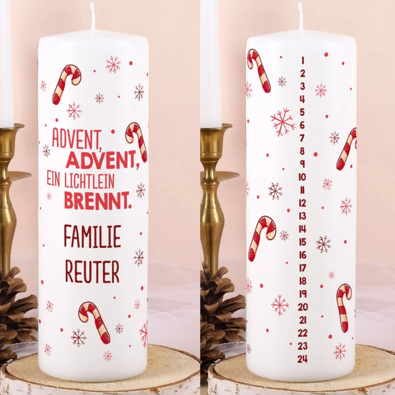 Adventskalender Kerze mit Zuckerstangen und Wunschtext