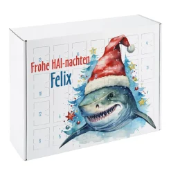 Adventskalender mit coolem Hai Motiv und Namensaufdruck