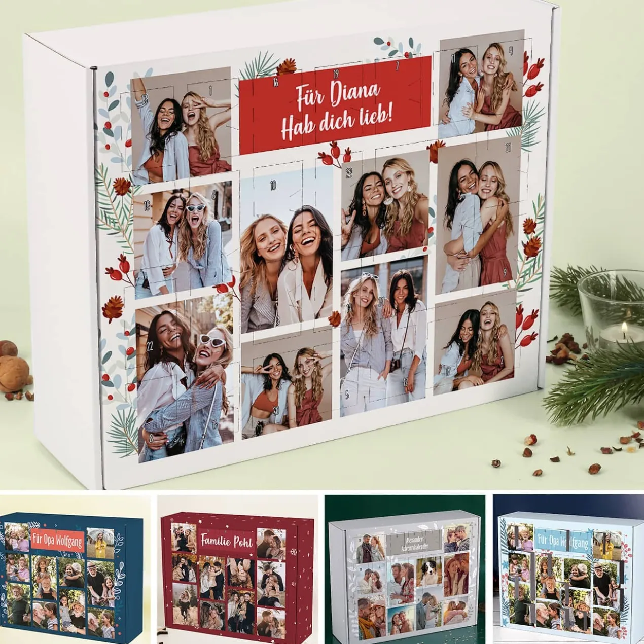 Adventskalender mit 10 Fotos und verschiedenen Hintergründen
