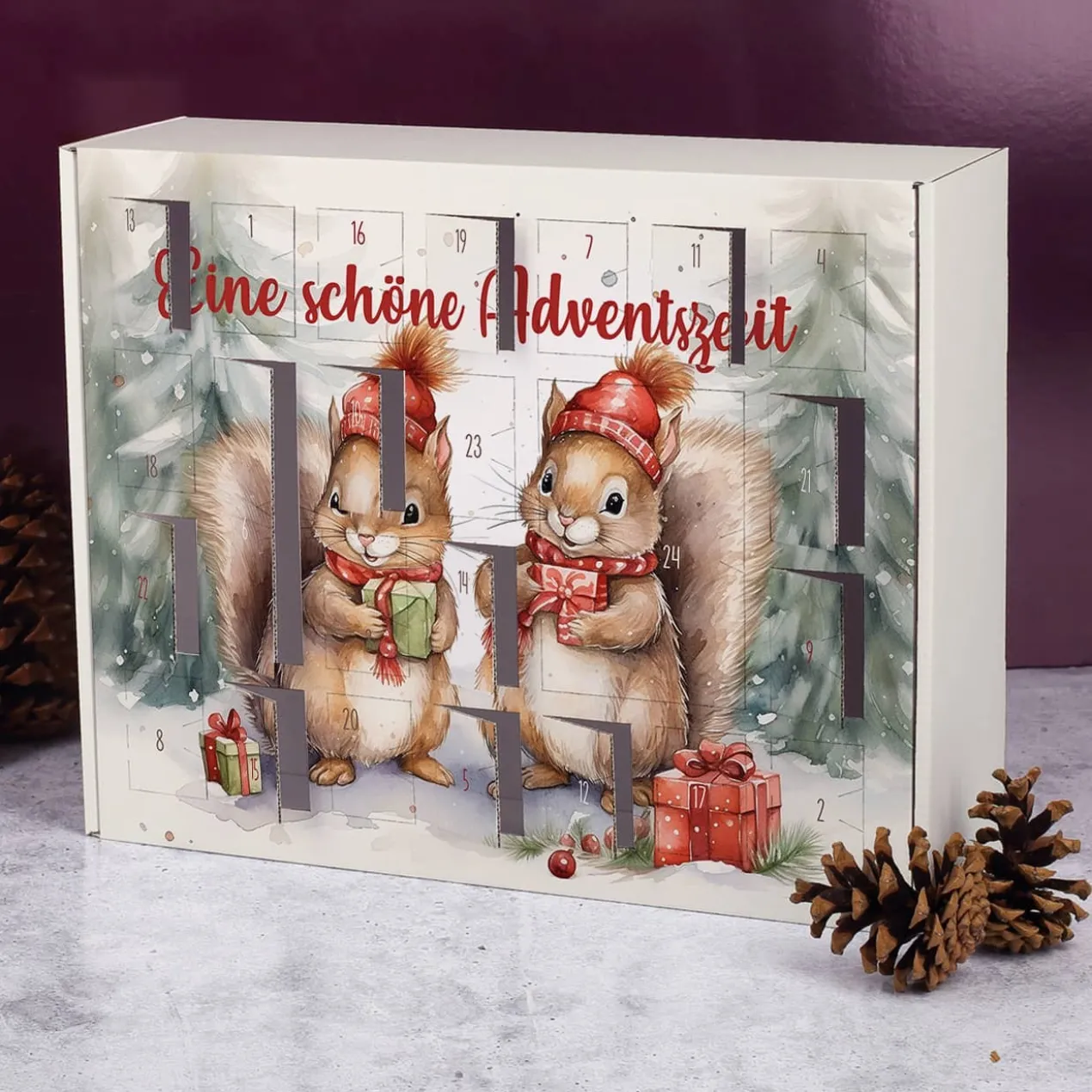 Adventskalender mit niedlichem Eichhörnchen-Motiv und Wunschtext
