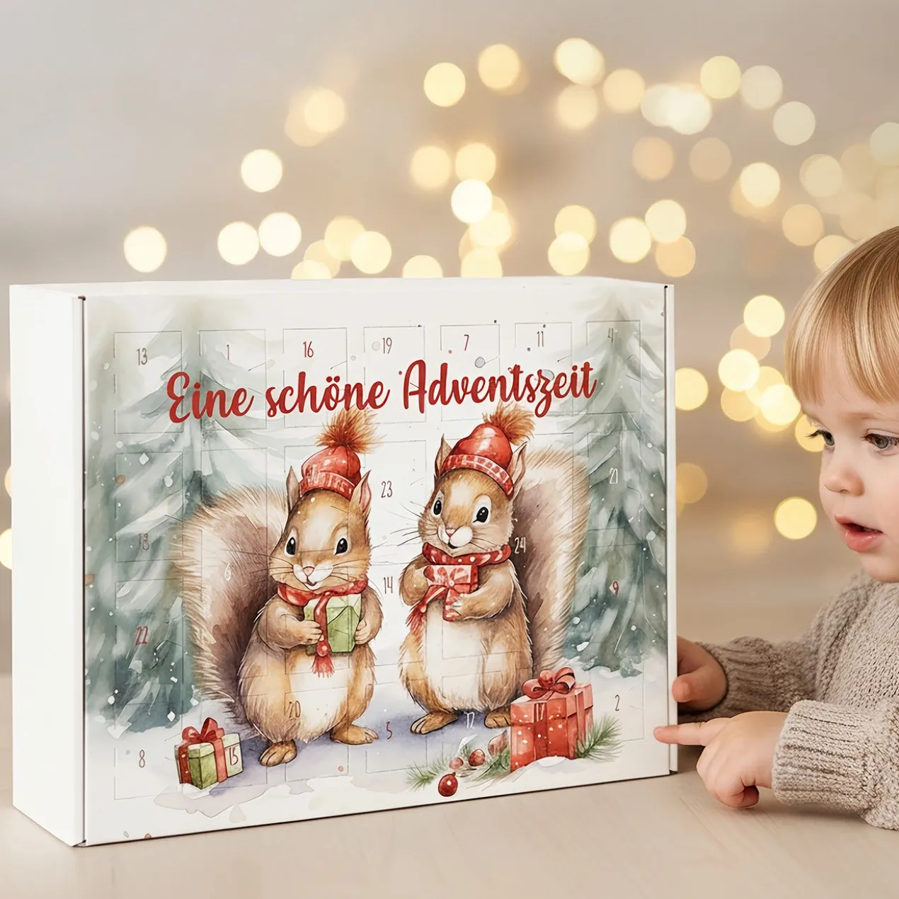 Adventskalender mit niedlichem Eichhörnchen-Motiv und Wunschtext