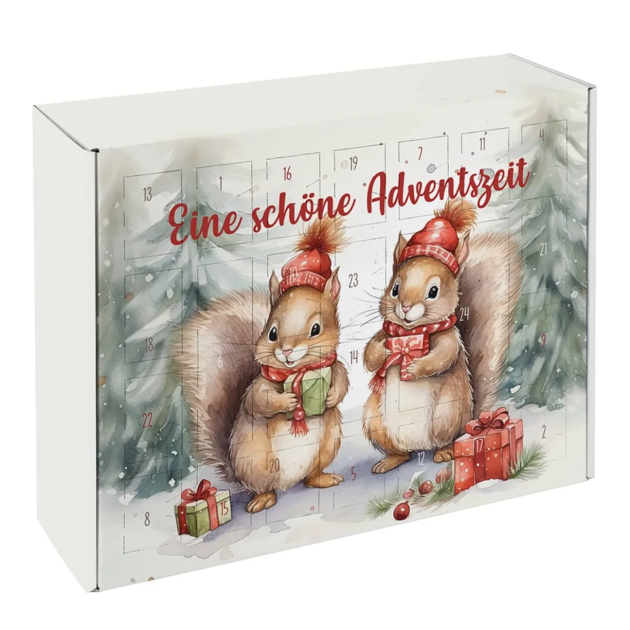 Adventskalender mit niedlichem Eichhörnchen-Motiv und Wunschtext