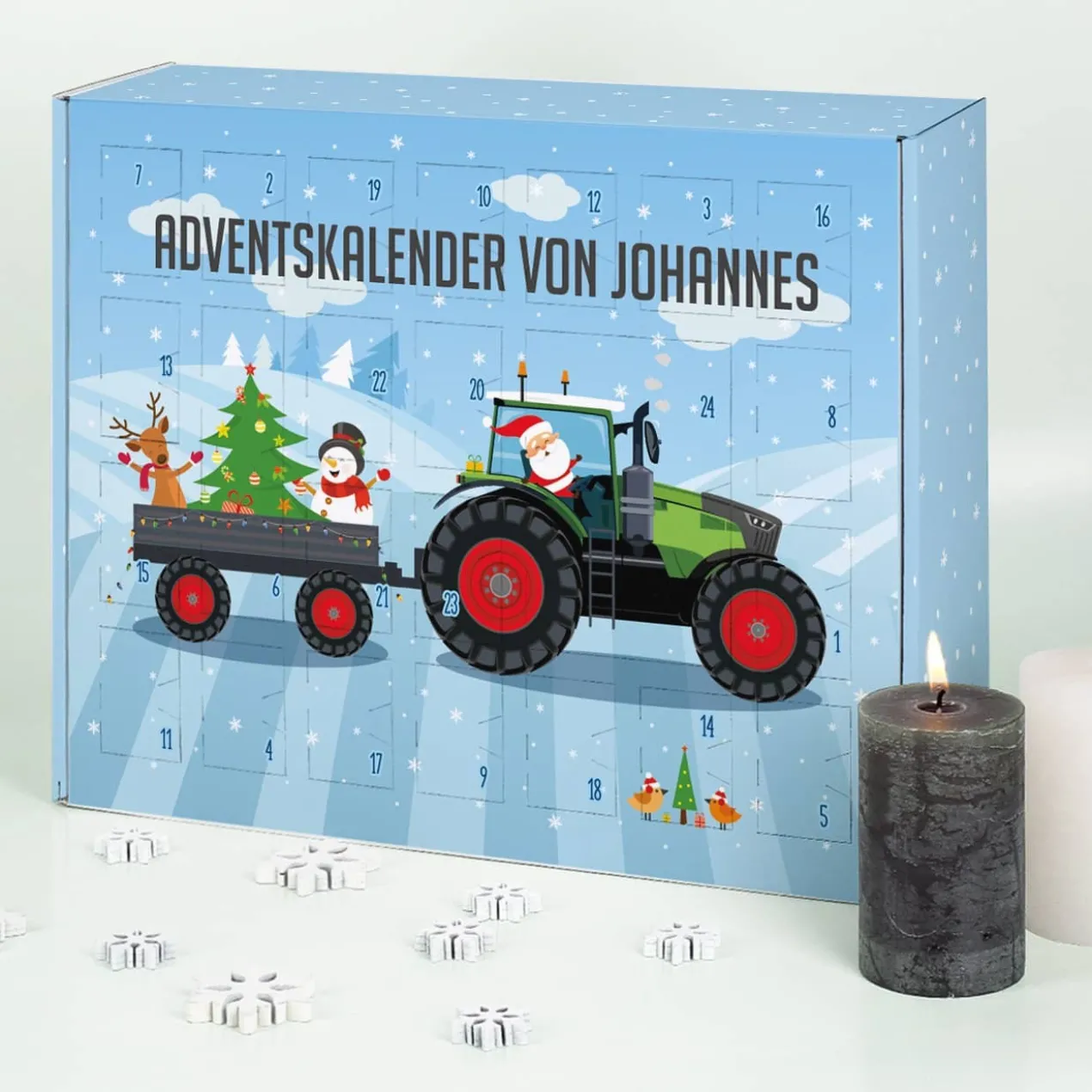 Adventskalender zum selbst Befüllen mit grünem Traktor und Wunschtext