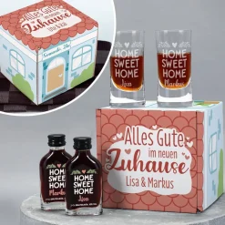 Alles Gute im neuen Zuhause - Schnaps-Geschenkset zum Einzug verpackt als kleines Haus