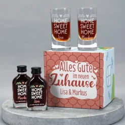 Alles Gute im neuen Zuhause - Schnaps-Geschenkset zum Einzug verpackt als kleines Haus