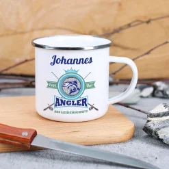 Angler aus Leidenschaft - Messerbrett und Emailletasse