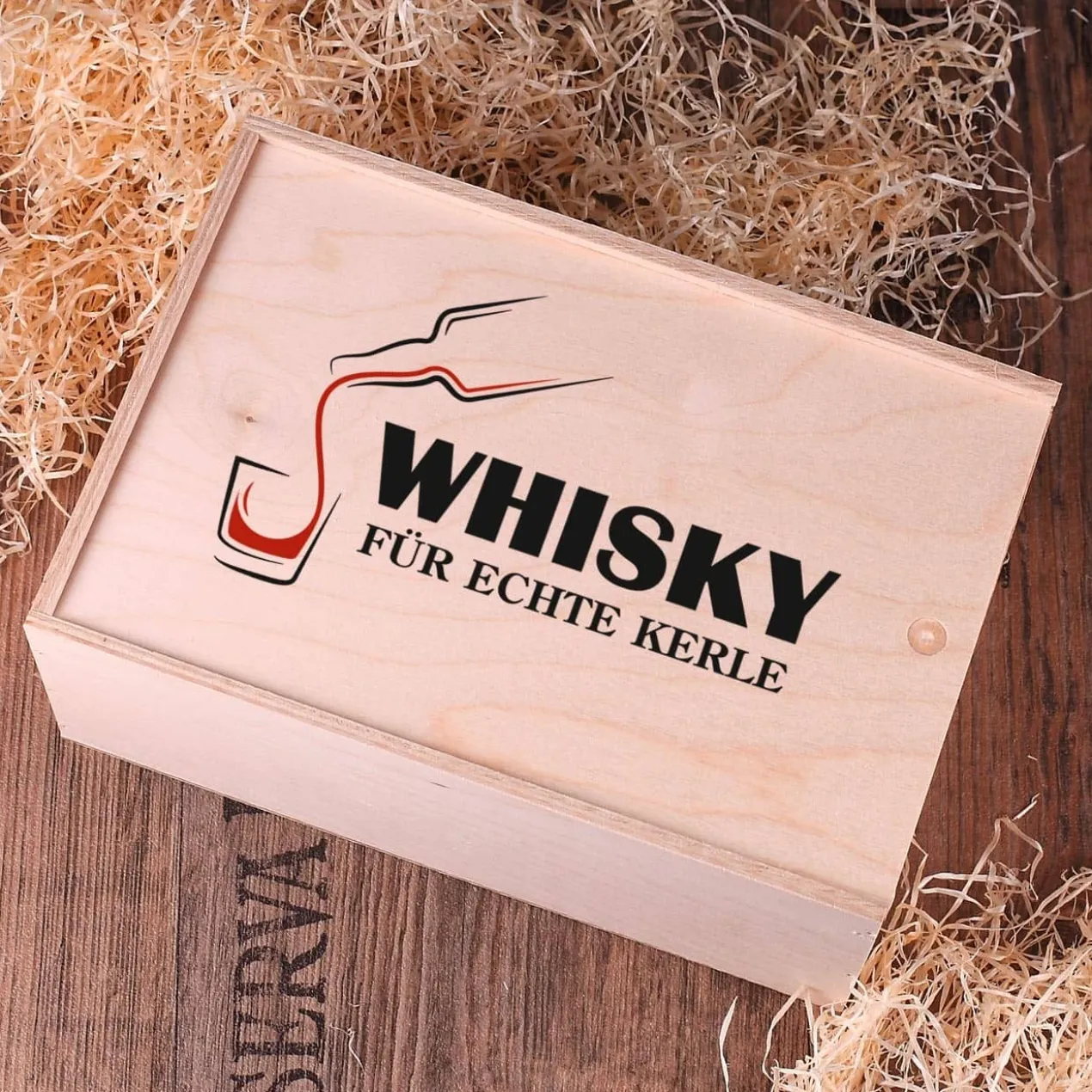 Auchentoshan Whisky für echte Kerle in bedruckter Holzkiste mit 2 Whiskygläser