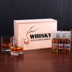 Auchentoshan Whisky für echte Kerle in bedruckter Holzkiste mit 2 Whiskygläser