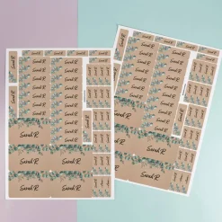 Aufkleber-Set mit Eukalyptusmotiv und Name (100 Stück)