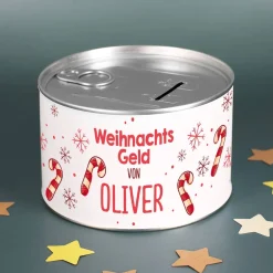 Aufreißspardose zu Weihnachten mit Zuckerstangenmotiv Ihrem Wunschnamen bedruckt