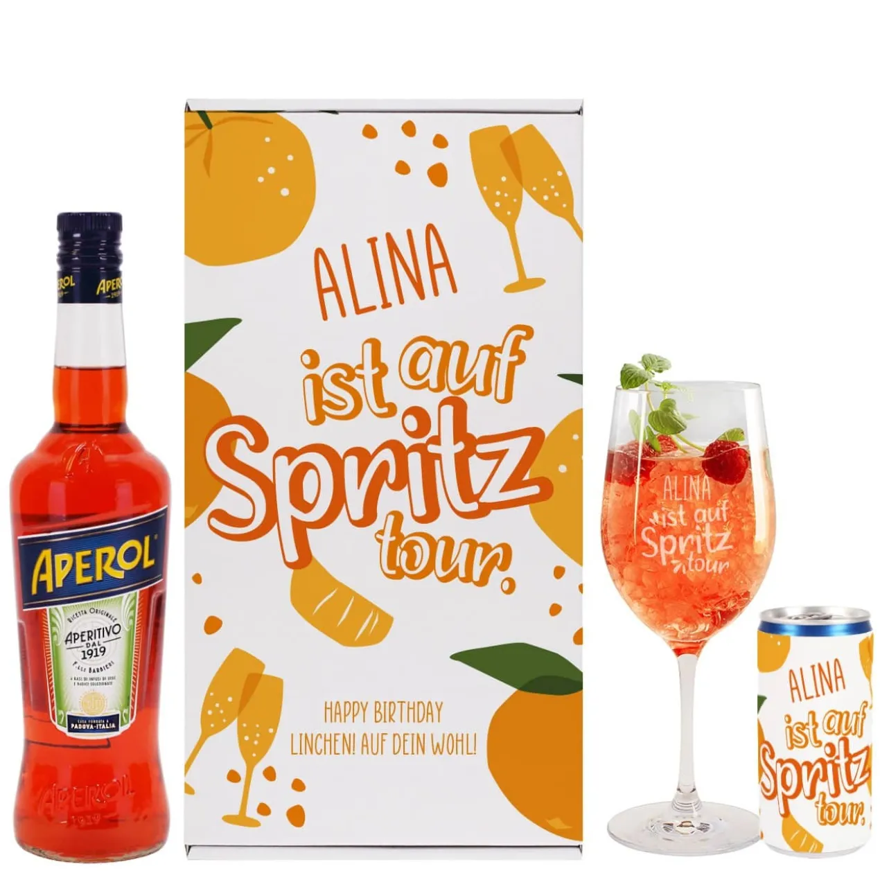 Auf Spritztour - Aperol Geschenkset mit Weinglas, Aperol und Seccodose