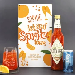 Auf Spritztour - Glitter Spritz Set mit Glas, Secco und Geschenkbox