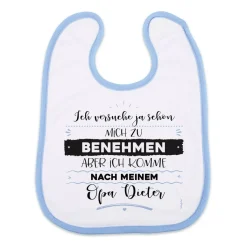 Baby Lätzchen in weiß/blau mit Ihrem Spruch persönlich bedruckt
