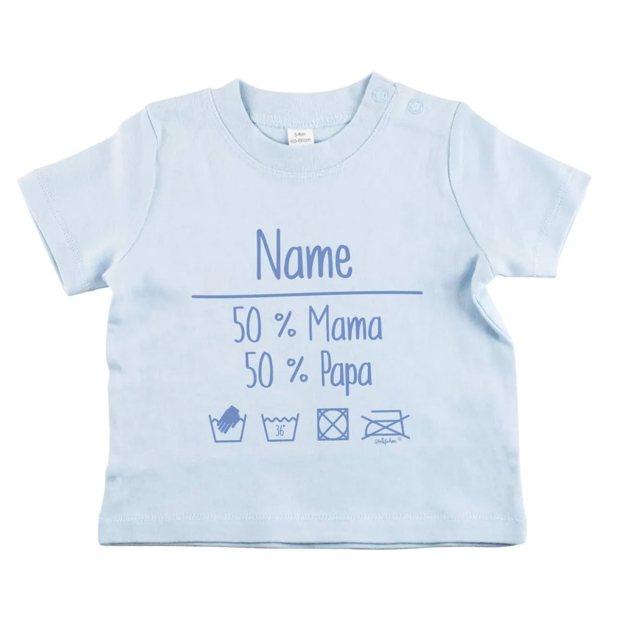 Babyshirt in blau mit Name und lustiger Waschanleitung