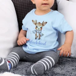 Babyshirt in blau mit niedlichem Rentier und Wunschtext