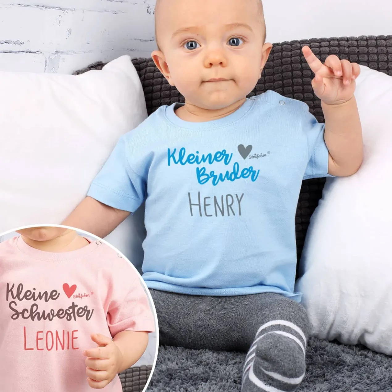 Baby Shirt Kleine Schwester / Kleiner Bruder mit Namensaufdruck