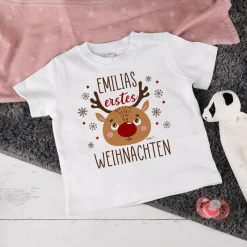Baby T-Shirt - erstes Weihnachten - mit Name und niedlichem Rentiermotiv