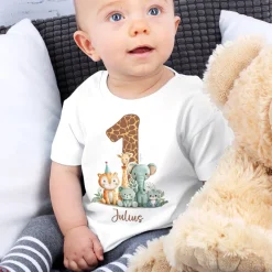 Baby T-Shirt - Geburtstagshirt - mit großer 1, Wildtieren und Name