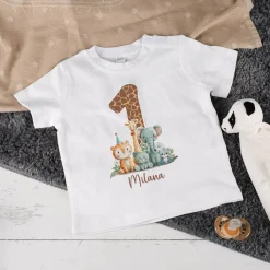 Baby T-Shirt - Geburtstagshirt - mit großer 1, Wildtieren und Name