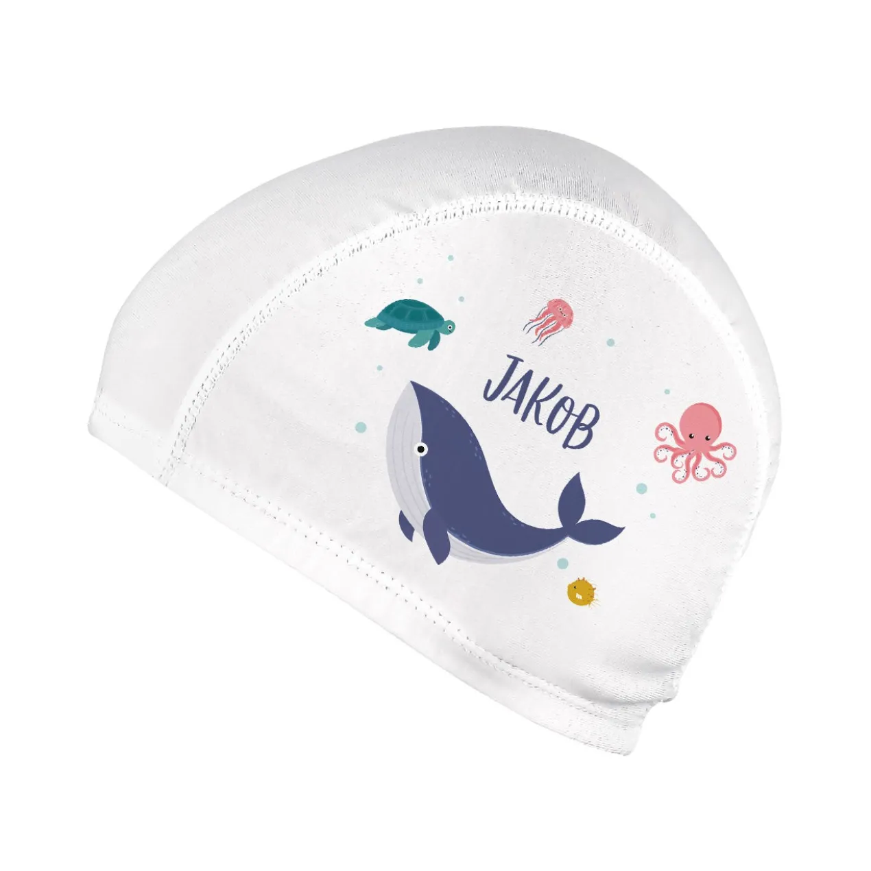 Badekappe für Kinder mit Meeresmotiv und Name personalisiert | Wal, Schildkröte, Qualle, Oktopus