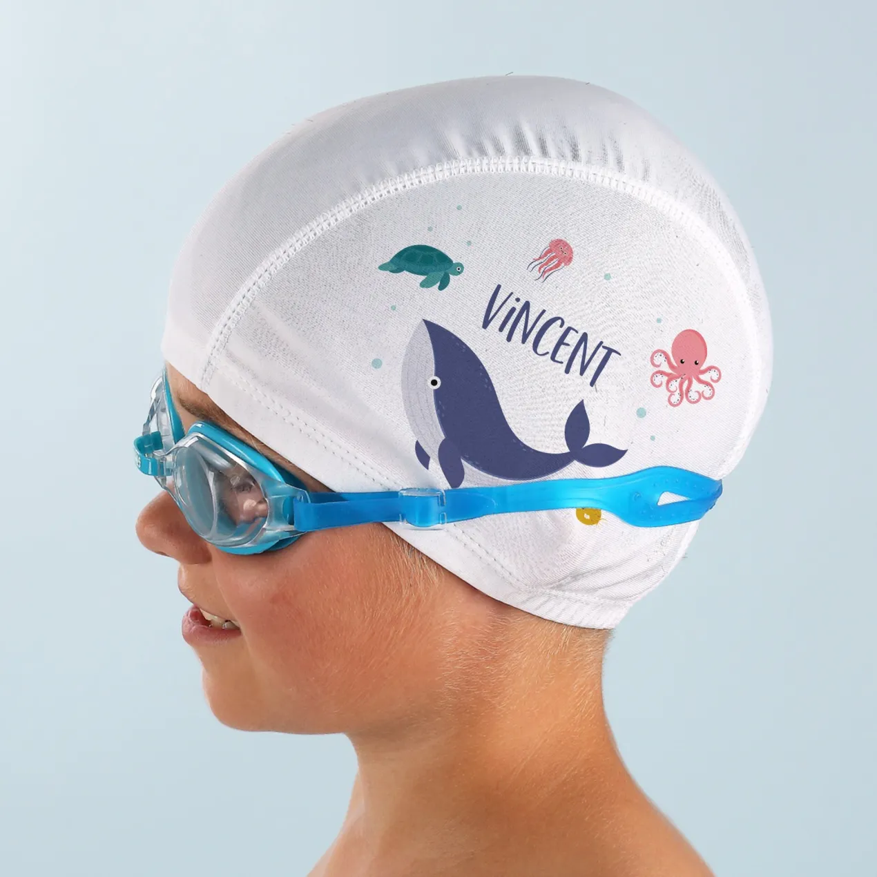 Badekappe für Kinder mit Meeresmotiv und Name personalisiert | Wal, Schildkröte, Qualle, Oktopus