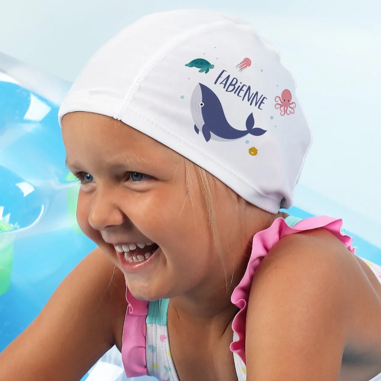 Badekappe für Kinder mit Meeresmotiv und Name personalisiert | Wal, Schildkröte, Qualle, Oktopus