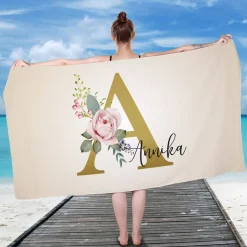 Badetuch mit Rosen-Monogramm und Name, 180x100cm